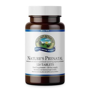 Nature's Prenatal: 
It's important to make sure your intake of folic acid, zinc, calcium, iron and all essential vitamins and minerals are in plentiful supplies to support you through your pregnancy.  What are the benefits?
Be nutritionally prepared with Nature's Prenatal, specifically formulated for preconception, pregnancy, and nursing, with 800mcg of folic acid providing a balanced combination of vitamins and minerals to support the nutritional needs of both mother and baby. An excellent daily multi vitamin that provides vitamins A, C D, and E plus a range of B vitamins. Antioxidant vitamins A, C and E contribute to the protection of cells from oxidative stress, the normal function of the immune system and a reduction of tiredness and fatigue. B vitamins contribute towards normal energy-yielding metabolism, and the normal function of the immune and nervous systems. Vitamin D has a role in the process of cell division and contributes to the maintenance of normal muscle and bones. Along with important minerals magnesium, iron, zinc, and copper, one tablet of this formula contains 800mcg of Folic Acid. It also contains Ginger root to help soothe the stomach. It’s free of artificial colours, flavours, preservatives, sweeteners, sugar, yeast, gluten, lactose, milk, and wheat.  The Importance of Folic Acid
Nature’s Sunshine, (and many other manufacturers), offer a daily dose of 800mcg (0.8mg) of folic acid in supplements designed for use during pregnancy and preconception. Folic acid is water soluble and is quickly lost from the body. The NHS advices that daily folic acid supplements of up to 1mg are safe.  Here’s what the NHS say about Folic acid: “Folic acid is one of the B-group vitamins and has several important functions. It helps to reduce the risk of central nervous system defects in unborn babies, and it works with vitamin B12 to form healthy red blood cells. Folic acid cannot be stored in the body, so you need it in your diet every day. Taking 1mg or less a day of folic acid supplements is unlikely to cause any harm.”  The NHS also suggest: “If you have a family history of conditions (known as neural tube defects), you may need to take a higher dose of folic acid, and women with diabetes and those taking anti-epileptic medicines should speak to their GP for advice, as they may also need to take a higher dose of folic acid.