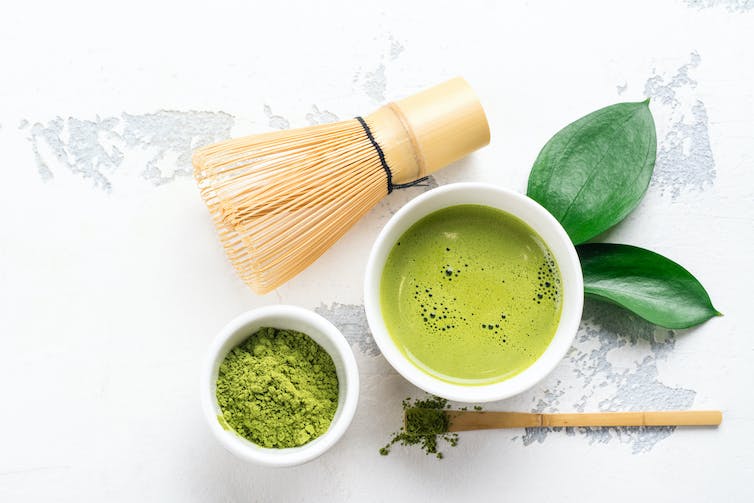 Matcha comes from green tea leaves, which are ground up into a powder.