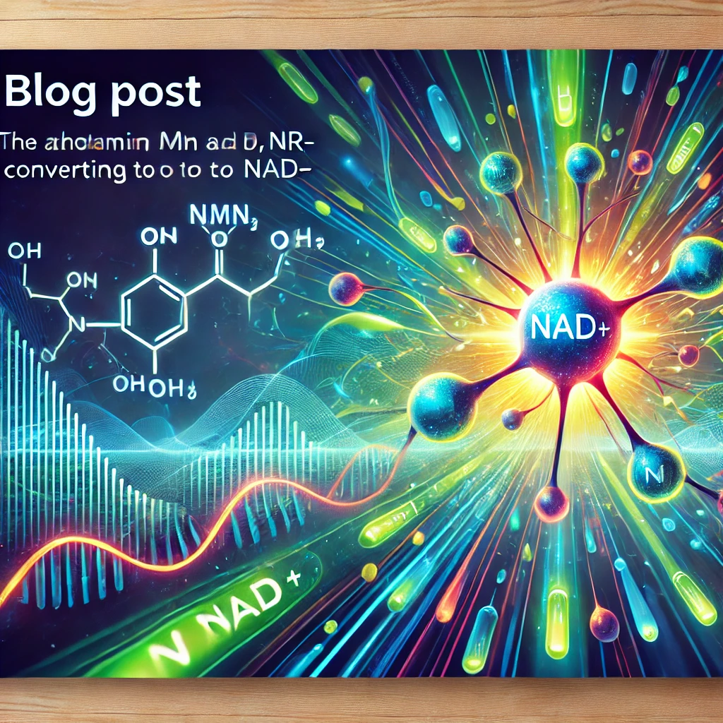 Illustration featuring a molecular structure of NAD+ with dynamic glowing pathways, symbolizing the conversion of NMN and NR into NAD+ against a vibrant blue and green gradient background.